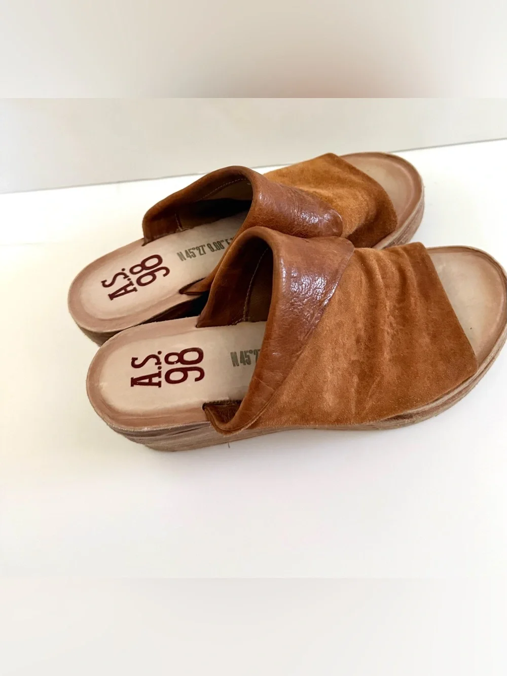 A.S.98 Niels Slide Sandal Wedges Leather Distressed Open Toe Clog Size 7.5